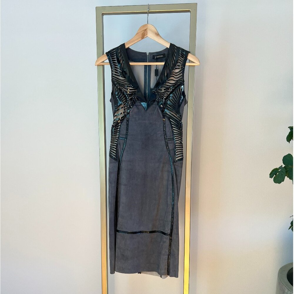 Jitrois, Blue Stretch Suede with black patent leather detailing, V-Neck …